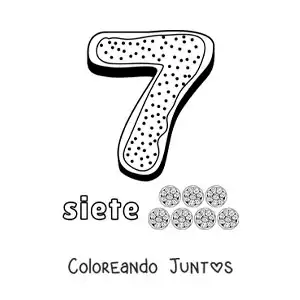 Imagen para colorear del número 7 animado con forma de galleta y objetos para contar