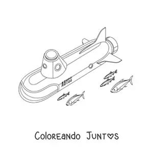 Imagen para colorear de un submarino alargado junto a varios peces