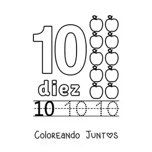 Imagen para colorear del número 10 con objetos para aprender a contar y trazar