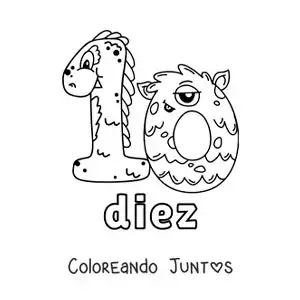 Imagen para colorear del número 10 con forma de monstruo animado de halloween