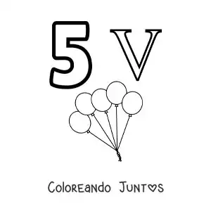 Imagen para colorear de ficha del 5 en números romanos con dibujos animados