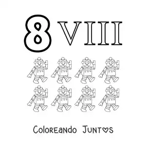 Imagen para colorear de ficha del 8 en números romanos con dibujos animados
