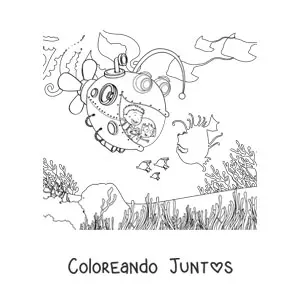 Imagen para colorear de dos niños en un submarino con forma de pez en el fondo del mar
