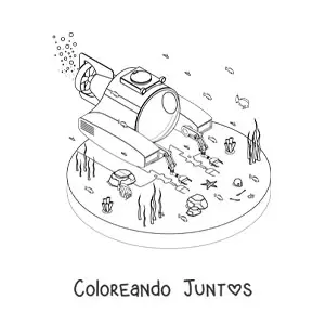 Imagen para colorear de un submarino científico en el fondo del mar junto a algas y peces