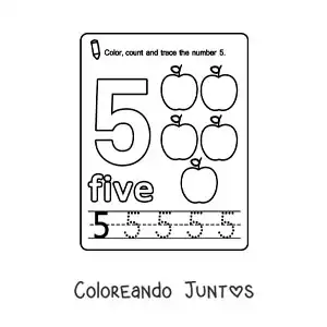 Imagen para colorear de ficha para aprender el número 5 en inglés con frutas