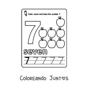 Imagen para colorear de ficha para aprender el número 7 en inglés con frutas