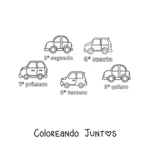 Imagen para colorear de una carrera de autos con los números ordinales del 1 al 5 para niños