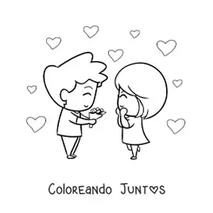 Imagen para colorear de chico regalándole un ramo de flores a su enamorada