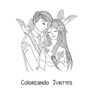 Imagen para colorear de pareja casándose con palomas en el fondo