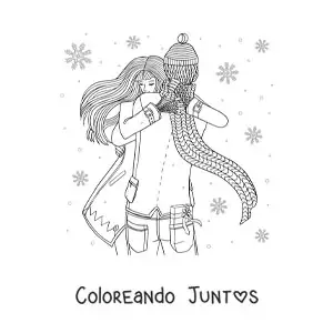 Imagen para colorear de pareja abrazándose en la nieve