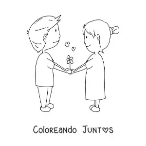 Imagen para colorear de tierna pareja tomada de las manos con corazones