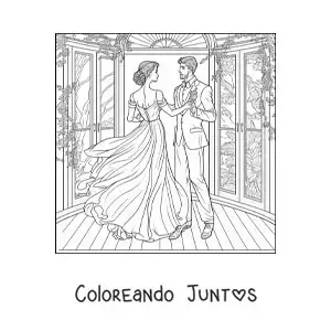 Imagen para colorear de escena romántica de una pareja bailando en el jardín