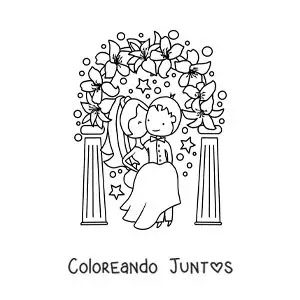 Imagen para colorear de pareja feliz animada en su boda con flores