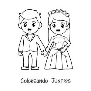 Imagen para colorear de novio y novia con vestido en su boda