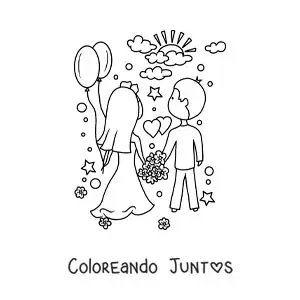 Imagen para colorear de pareja de recién casados en el día de su boda con corazones y flores