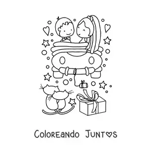 Imagen para colorear de pareja de recién casados en un auto con corazones