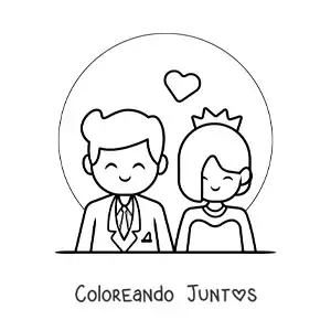 Imagen para colorear de pareja feliz de novios animados en su boda con corazones