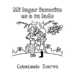 Imagen para colorear de pareja debajo de un árbol y la frase mi lugar favorito es a tu lado