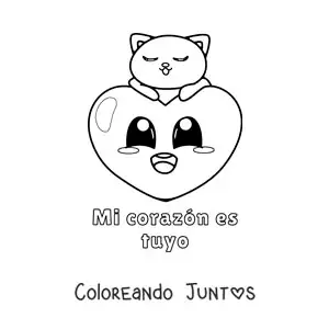 Imagen para colorear de gato con un corazón y la frase mi corazón es tuyo