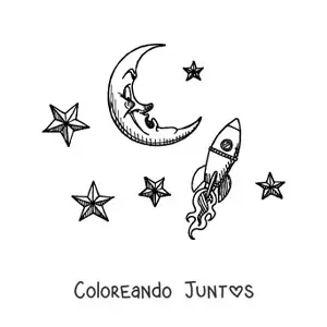 Imagen para colorear de una caricatura de un cohete llegando a la luna