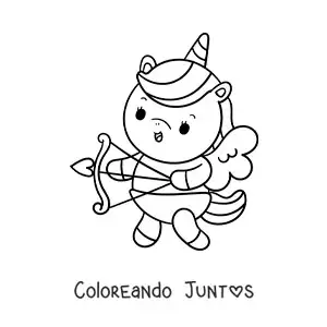 Imagen para colorear de unicornio animado vestido de cupido disparando