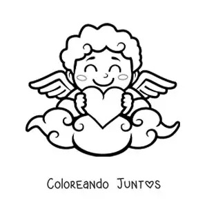Imagen para colorear de cupido animado con un corazón en una nube