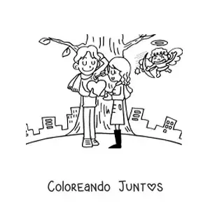 Imagen para colorear de cupido flechando a una pareja de enamorados
