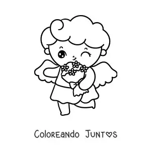 Imagen para colorear de ángel cupido animado con un ramo de flores