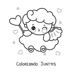 Imagen para colorear de ángel cupido animado con un corazón en una nube