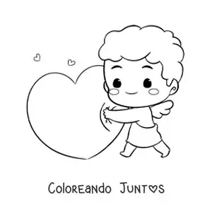 Imagen para colorear de lindo cupido bebé animado abrazando un corazón