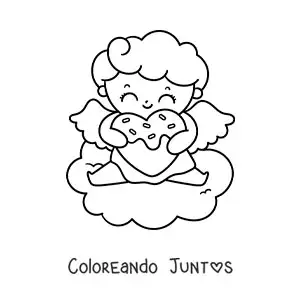 Imagen para colorear de lindo cupido bebé animado con galleta en forma de corazón