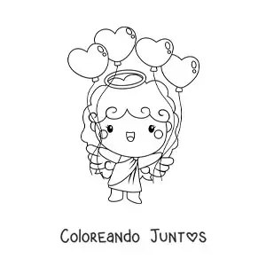Imagen para colorear de ángel cupido con globos de san valentín