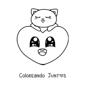 Imagen para colorear de corazón bonito animado con un gatito