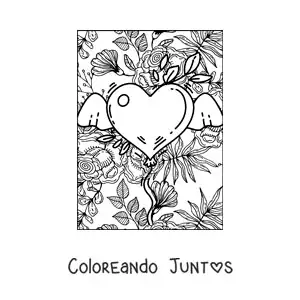 Imagen para colorear de corazón con alas y flores