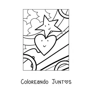 Imagen para colorear de corazón animado junto a una estrella