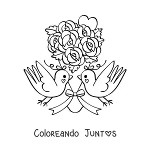 Imagen para colorear de hermoso ramo de rosas con aves y un corazón
