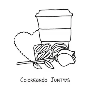 Imagen para colorear de vaso de café con bombones, una rosa y un corazón