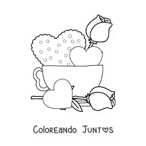 Imagen para colorear de taza de café con corazones y rosas