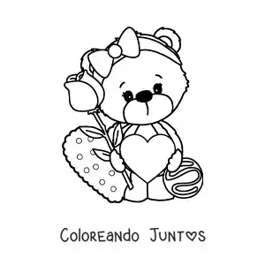 Imagen para colorear de osita de peluche con corazones y una rosa