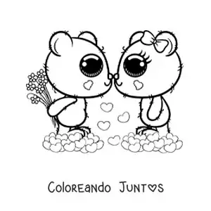 Imagen para colorear de pareja de osos kawaii enamorados con rosas y corazones