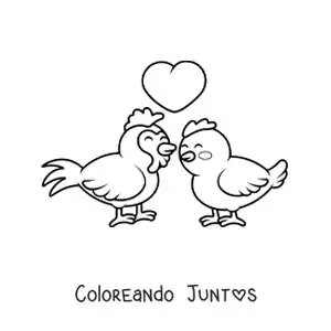 Imagen para colorear de pareja de gallo y gallina kawaii enamorados