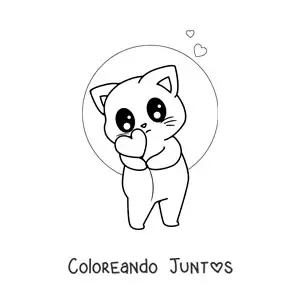 Imagen para colorear de gato kawaii animado con un globo de corazón