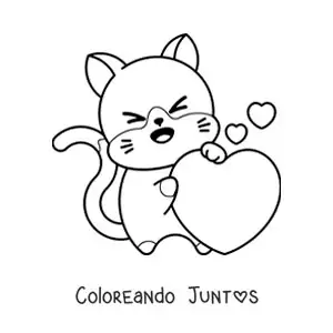 Imagen para colorear de gato kawaii con un corazón grande