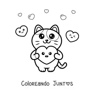 Imagen para colorear de tierno gato animado con corazones kawaii