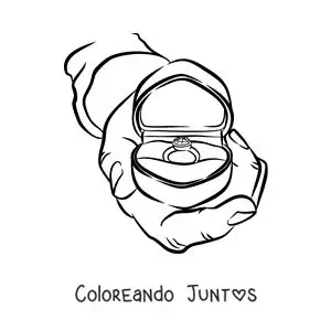 Imagen para colorear de una mano con un anillo de compromiso en su caja con forma de corazón