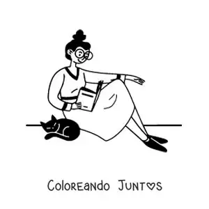 Imagen para colorear de chica con lentes sentada leyendo junto a su gato