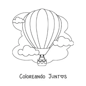 Imagen para colorear de un globo aerostático entre nubes en el cielo