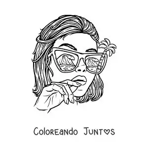 Imagen para colorear de hermosa chica con lentes de sol con un paisaje de playa