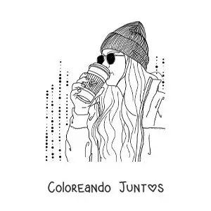 Imagen para colorear de chica tumblr con lentes y un gorro tomando café