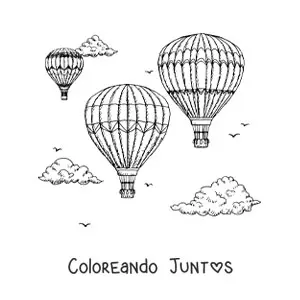 Imagen para colorear de tres globos aerostáticos en el cielo